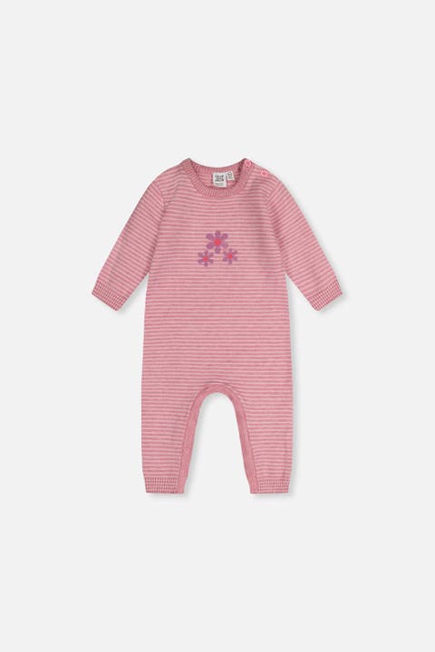 Knitted Flower Stripe Button Romper