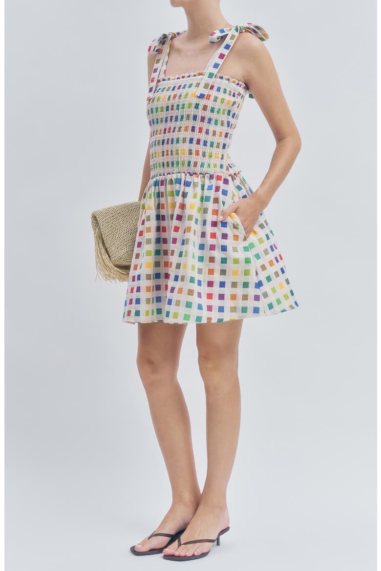 Estella Multicolor Dot Smocked Tie Shoulder Dress, Alternate, color, RAINBOW GRID