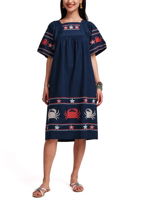 Frances Valentine Picnic Dress Crab Embroidery