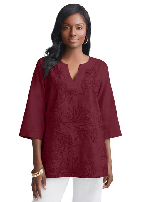 Linen V-Neck Embroidered Tunic (Plus Available)
