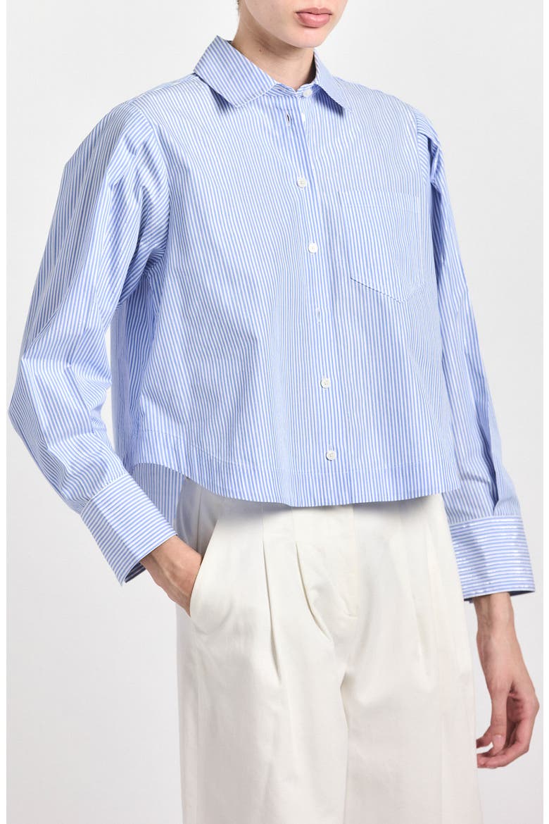 Estrella Stripe Stretch Cotton Crop Button-Up Shirt, Main, color, BLUE LUREX STRIPE