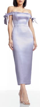 Dress the Population Verona Off the Shoulder Satin Midi Cocktail Dress