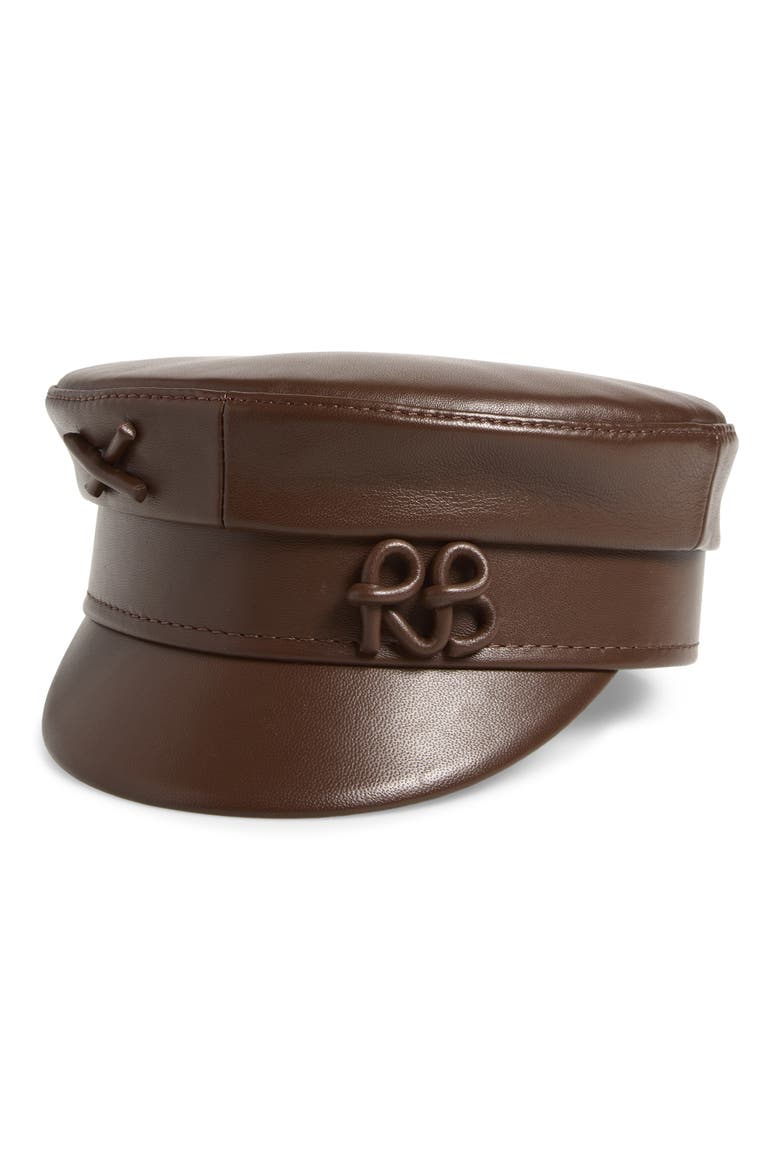 Leather Baker Boy Cap, Main, color, BROWN