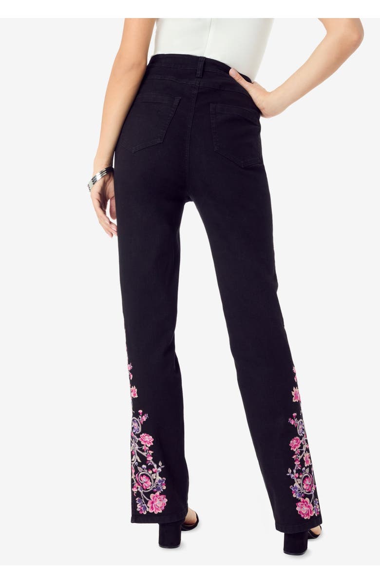 Roaman's Plus Size Invisible Stretch<sup>®</sup> Embroidered Split Flare-Leg Jean, Alternate, color, Black Vine