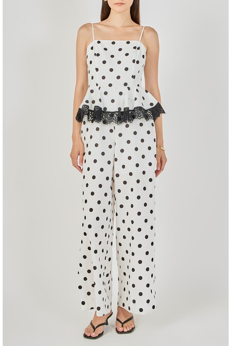 Polka Dot Peplum Jumpsuit, Main, color, WHITE/ BLACK