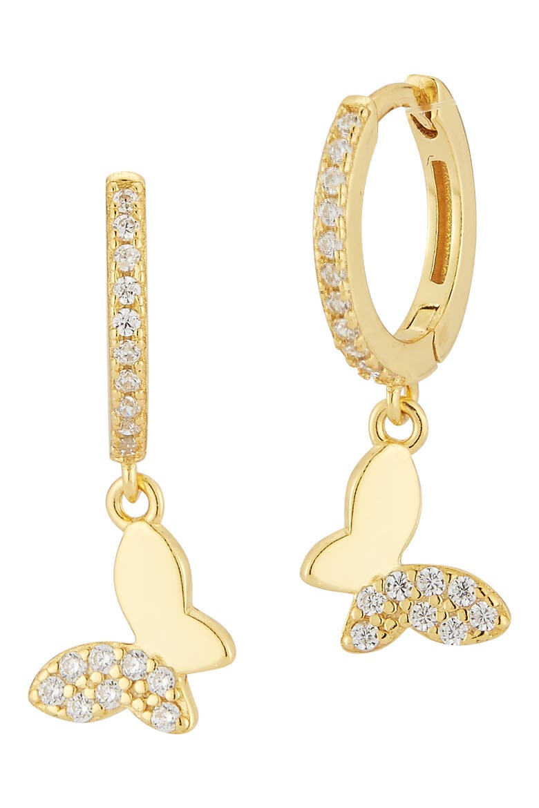 Pavé Cubic Zirconia Butterfly Drop Huggie Hoop Earrings, Main, color, GOLD