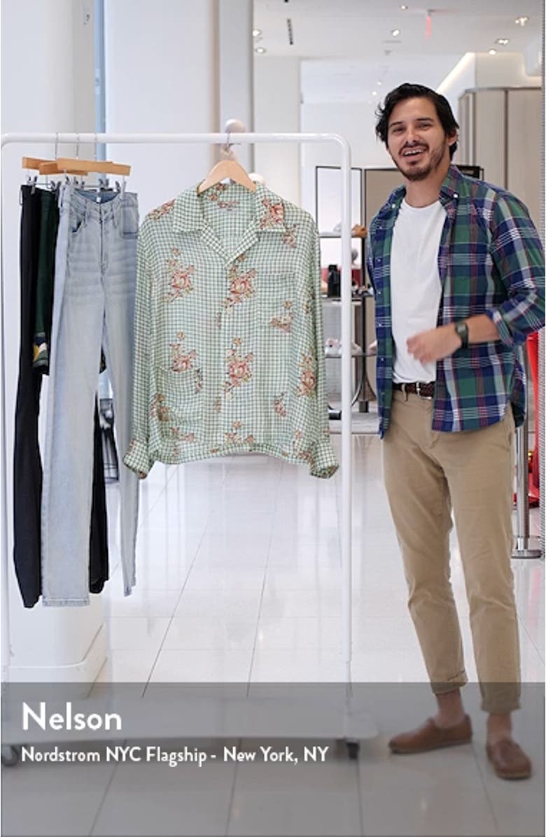 Mint Grid Floral Silk Button-Up Camp Shirt, sales video thumbnail