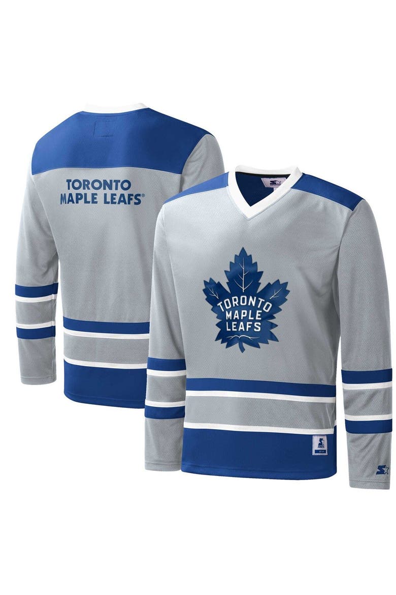 Men's Starter Gray/Blue Toronto Maple Leafs Cross Check Jersey V-Neck Long Sleeve T-Shirt, Main, color, Gray