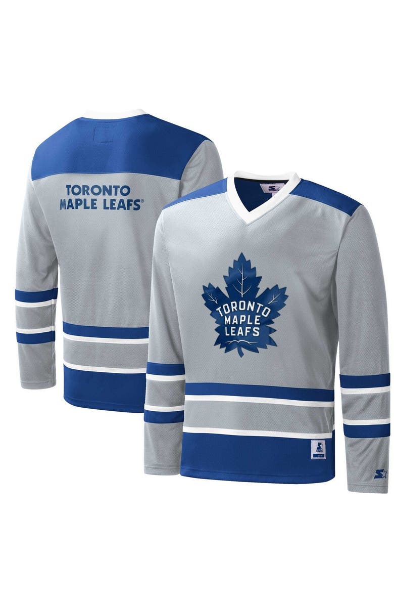 STARTER Men's Starter Gray/Blue Toronto Maple Leafs Cross Check Jersey V-Neck Long Sleeve T-Shirt, Main, color, 