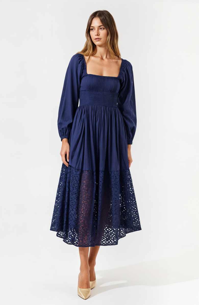 Modenaire Square-Neck Smocked Midi Dress with Long Sleeves and Eyelet Hem, Main, color, Navy Blue