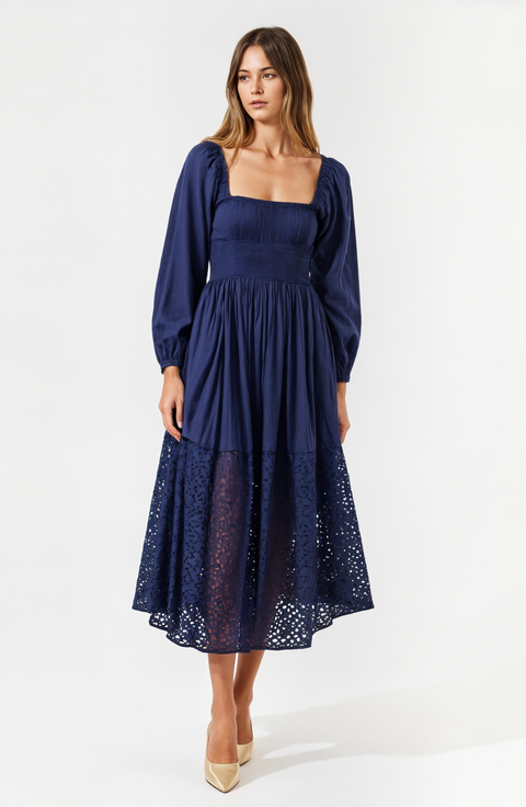 Square-Neck Smocked Midi Dress with Long Sleeves and Eyelet Hem