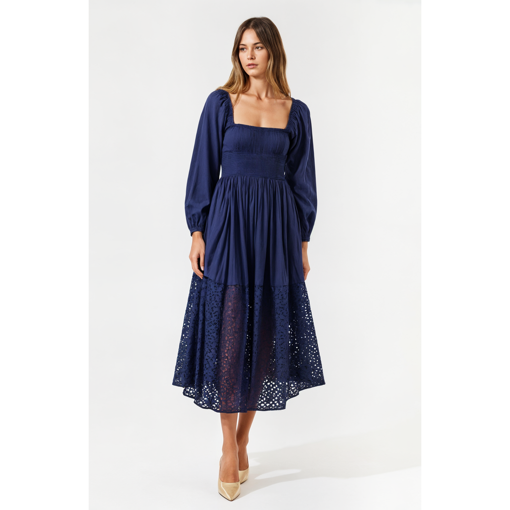 Modenaire Square-neck Smocked Midi Dress With Long Sleeves And Eyelet Hem In Navy Blue