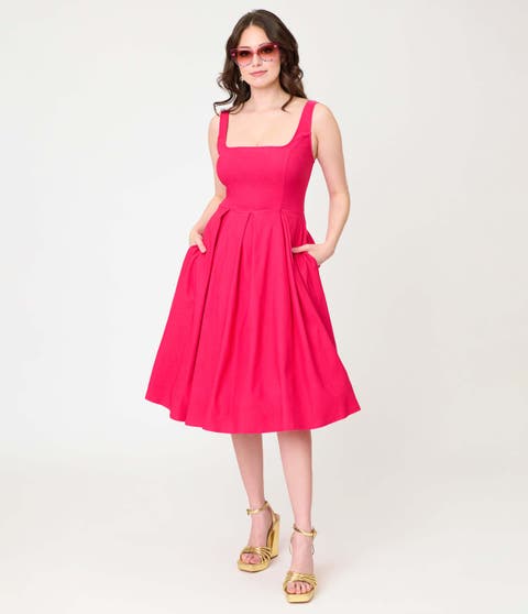 Square Neck Pleated Swing Dress