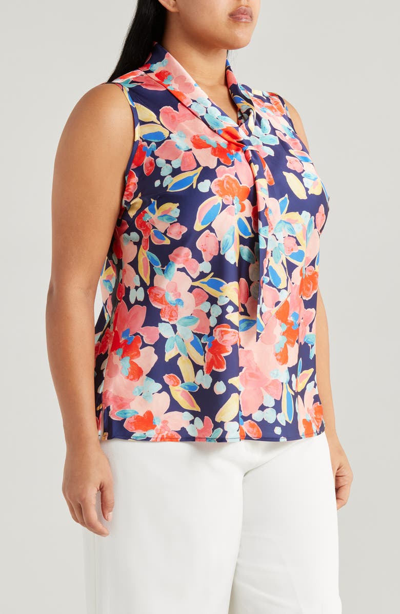 Tahari ASL Floral Sailor Tie Neck Sleeveless Top, Alternate, color, Navy Coral Floral