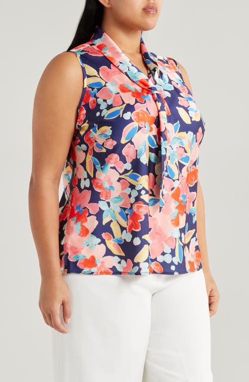Tahari Asl Floral Sailor Tie Neck Sleeveless Top In Navy Coral Floral