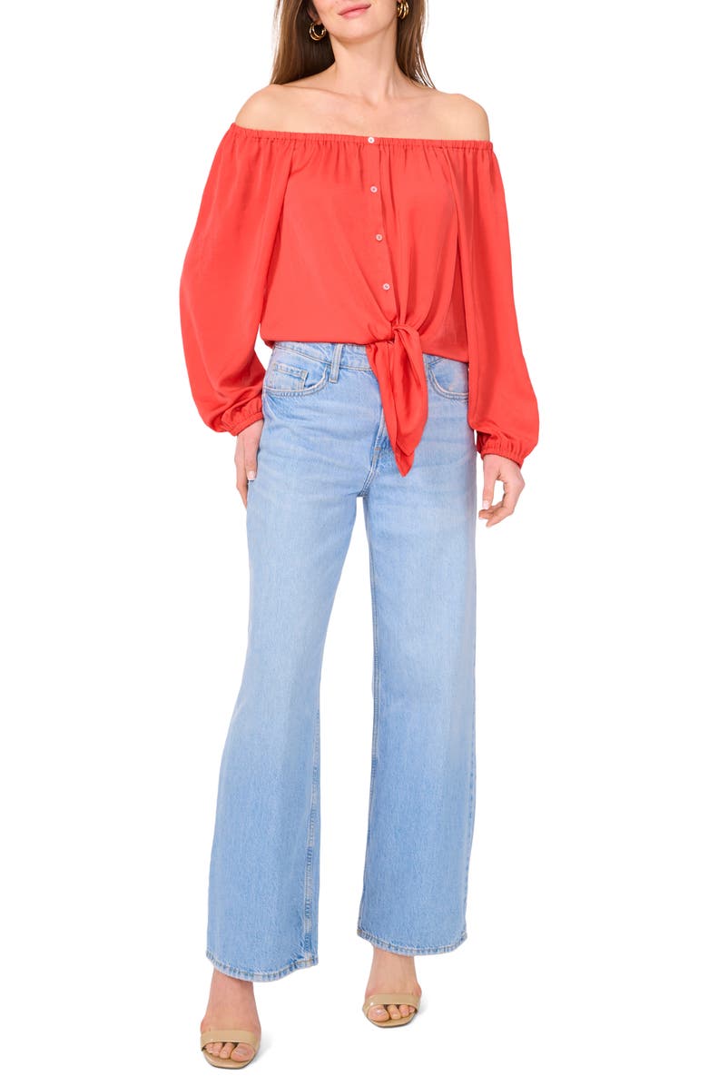 Vince Camuto Off the Shoulder Tie Hem Button-Up Top, Alternate, color, Cayenne