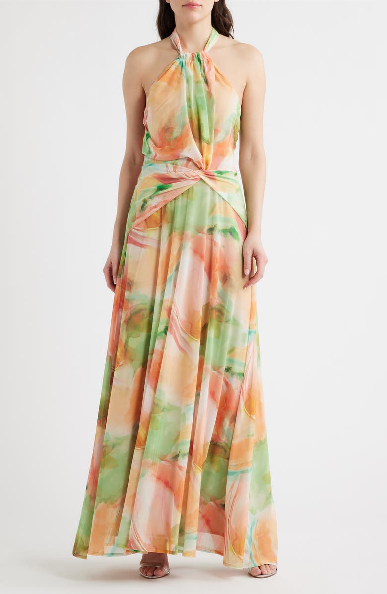 Black Halo Neriah Marble Print Halter Gown, Main, color, Marble Melody