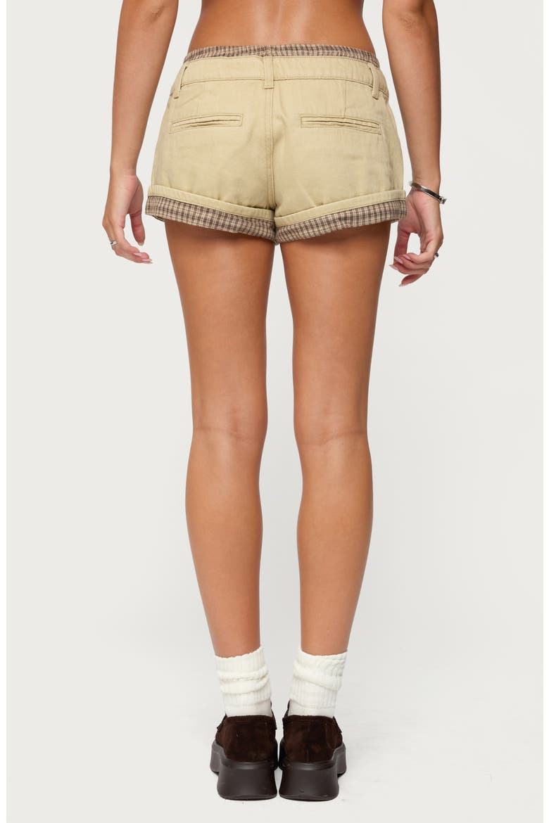 Peekaboo Plaid Boxer Detail Denim Shorts, Alternate, color, BEIGE