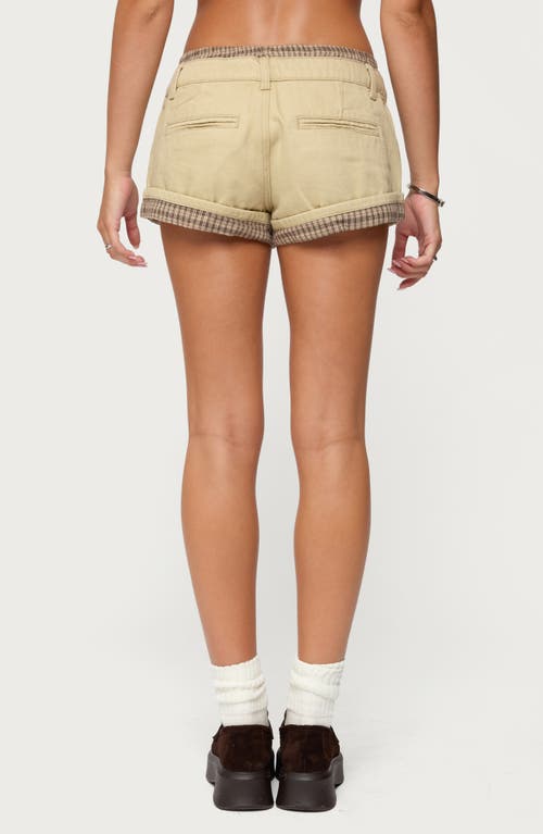 Edikted Peekaboo Plaid Boxer Detail Denim Shorts In Neutral