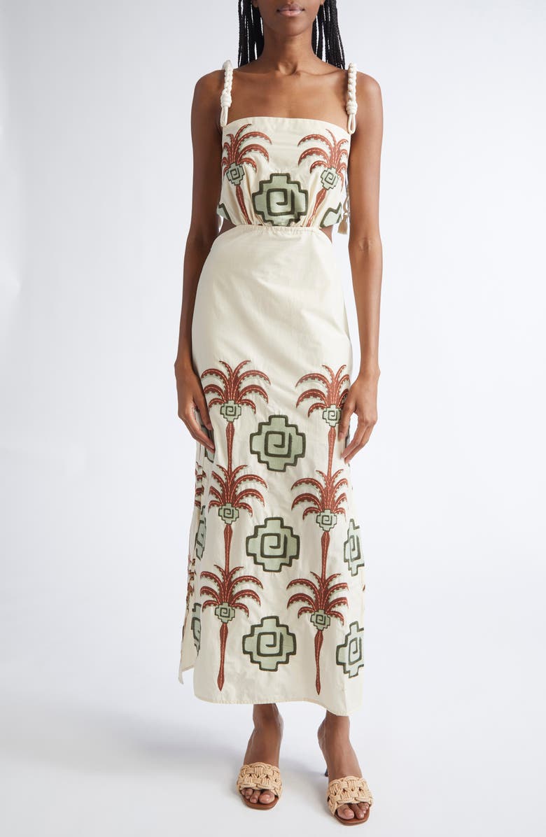 Johanna Ortiz Tributaries Embroidered Cotton Blend Dress, Main, color, Ecru / Chocolate/ Camel