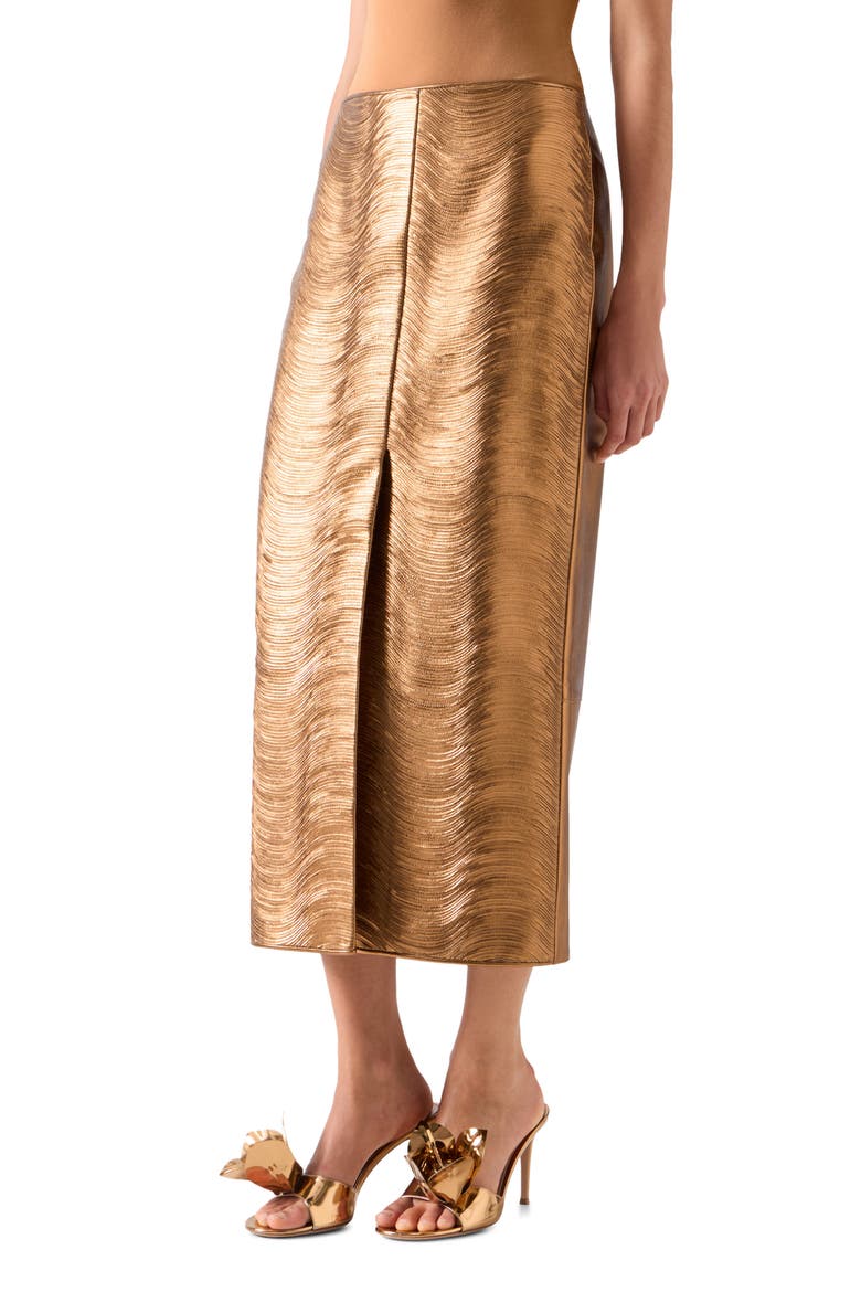 Metallic Leather Midi Skirt, Alternate, color, GOLD