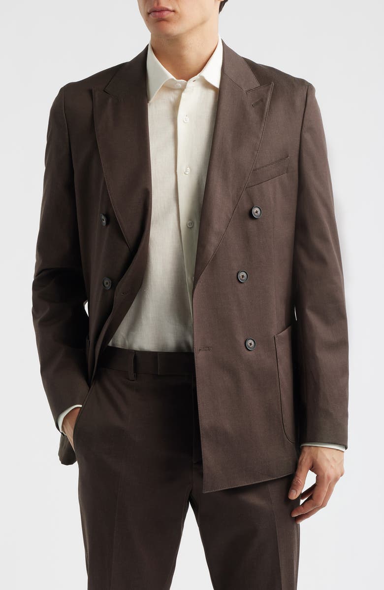 BOSS Huge Slim Fit Brown Stretch Cotton Peak Lapel Double Breasted Suit, Alternate, color, Dark Brown