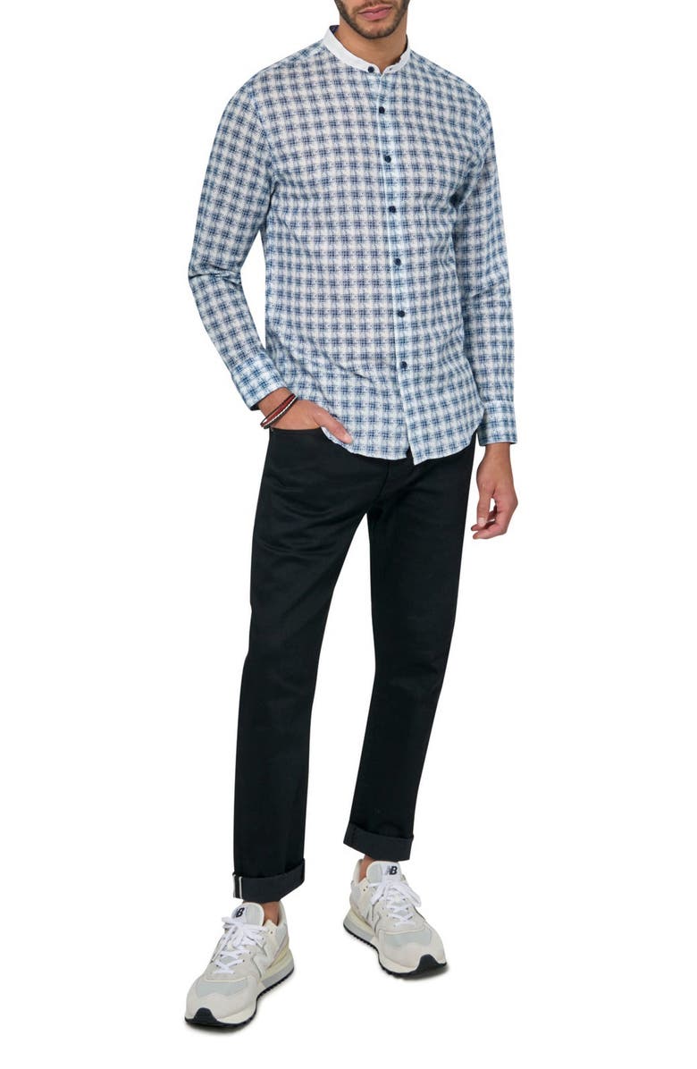 Brooklyn Brigade Slim Fit Check Print Linen Cotton Banded Collar Long Sleeve Shirt, Alternate, color, Blue