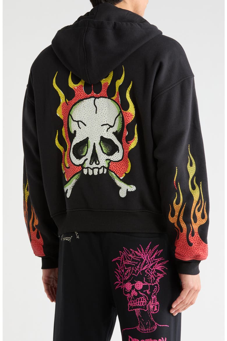 Skull Flames Rhinestone Boxy Zip Hoodie, Alternate, color, BLACK