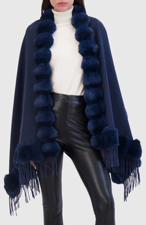 Lyla Grant Cashmere & Wool Blend Cape With Fur-free Chinchilla (faux Fur) Trim) In Blue