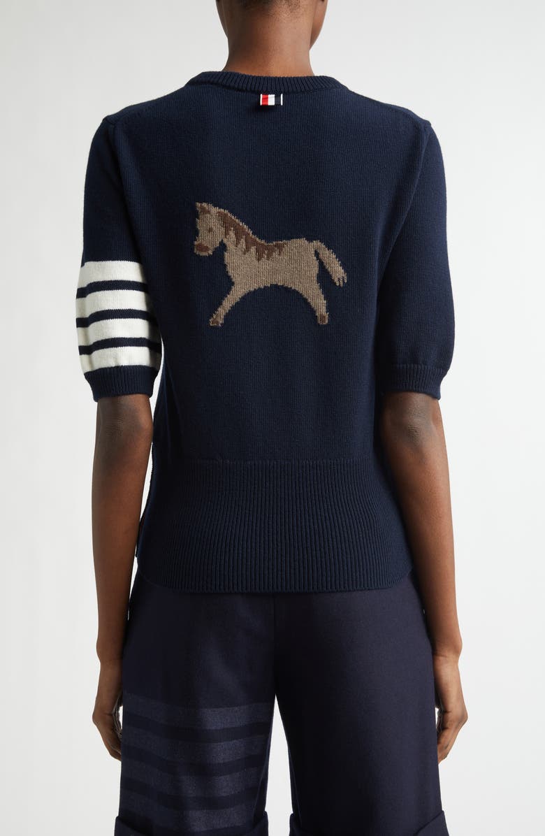 Thom Browne Classic Fit 4-Bar Short Sleeve Virgin Merino Wool Sweater, Alternate, color, Navy