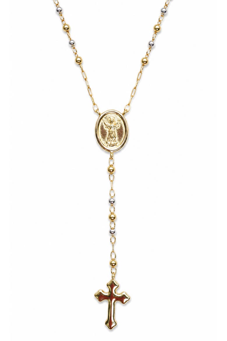 Two Tone Rosary Cross Pendant Necklace, Main, color, GOLD/ SILVER