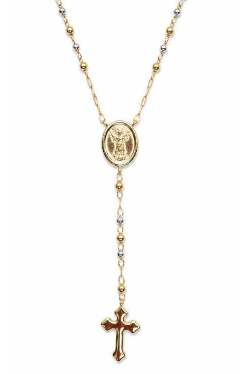 Two Tone Rosary Cross Pendant Necklace