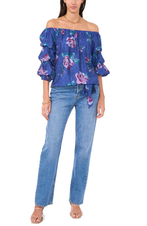 VINCE CAMUTO VINCE CAMUTO FLORAL OFF THE SHOULDER BUBBLE SLEEVE TOP