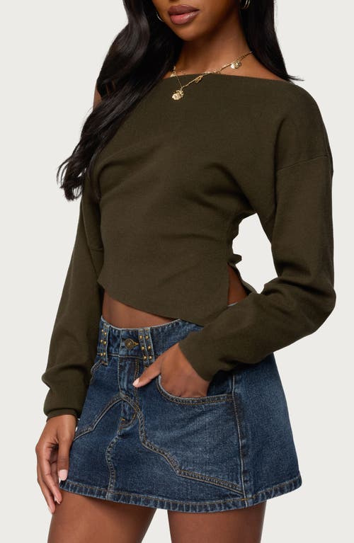 Edikted Chenelle Asymmetric Off The Shoulder Sweater In Green