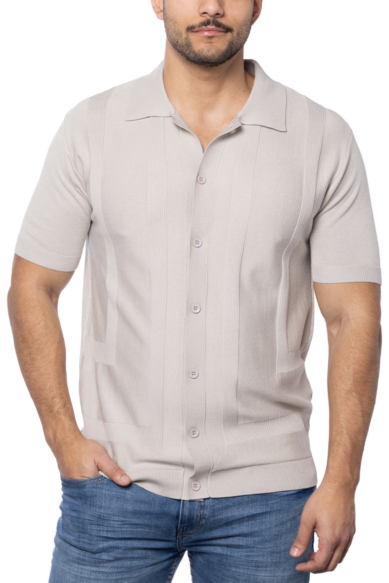Textured Short Sleeve Button-Up Sweater, Alternate, color, OATMEAL