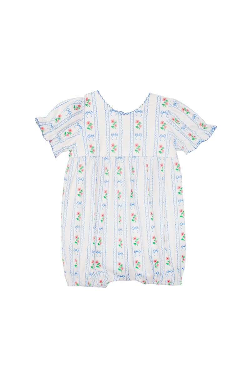 Mabel + Honey Blooms and Bows Short Gathered Ruffle Sleeve Romper, Main, color, Blue