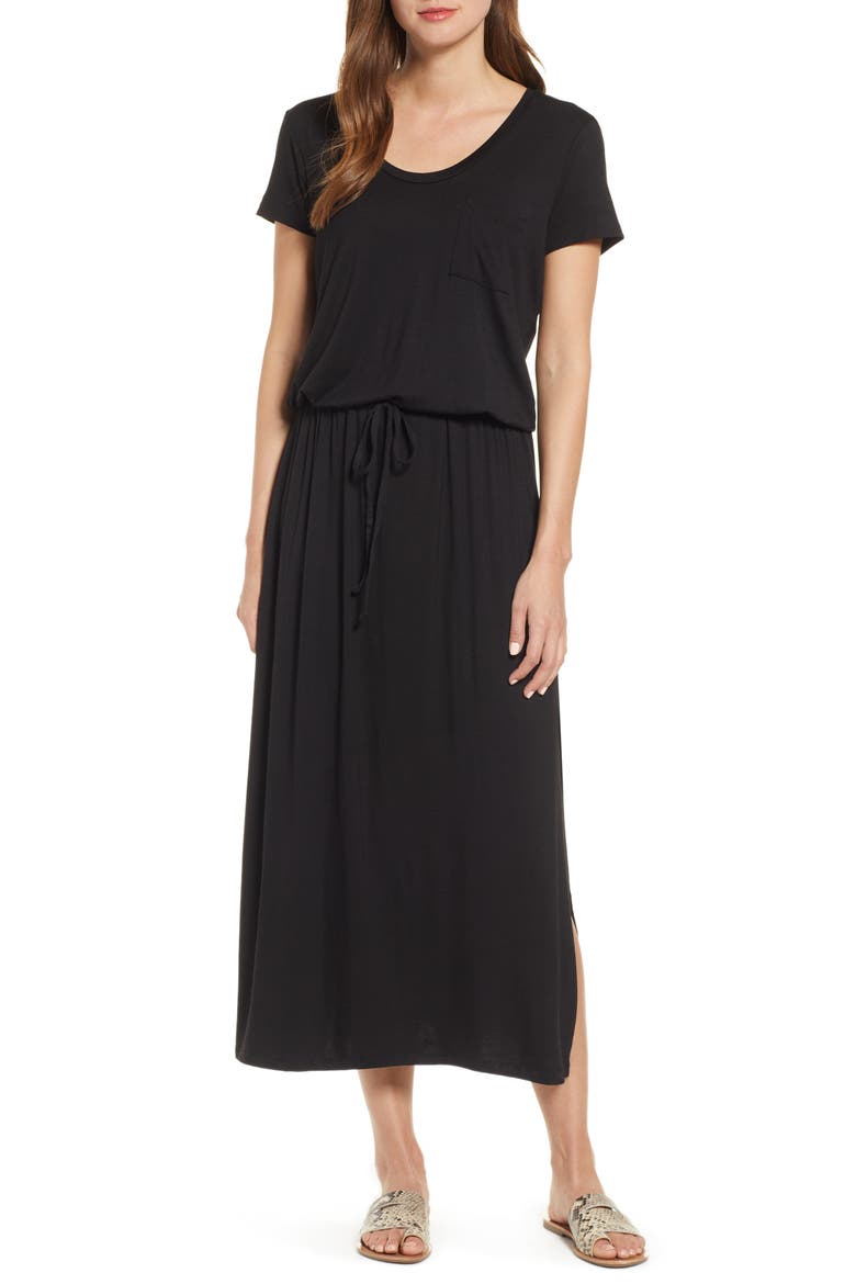Drawstring Jersey Maxi Dress, Alternate, color, BLACK