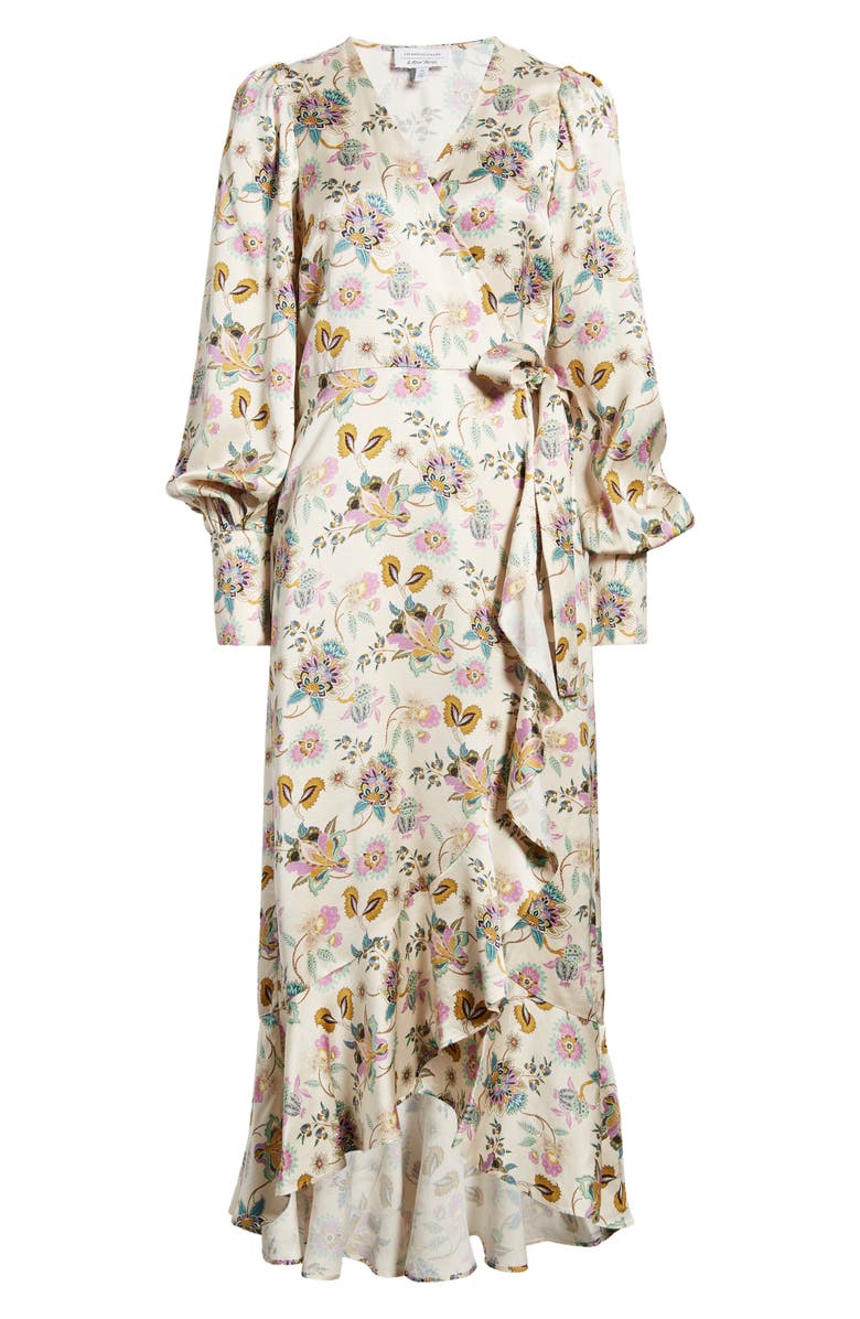 & Other Stories Paisley Ruffle Long Sleeve Satin Wrap Dress, Alternate, color, Beige