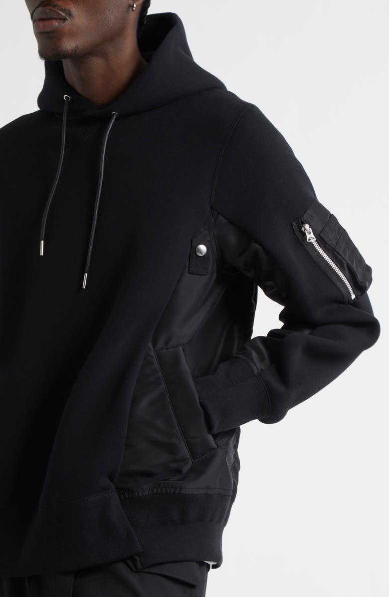 Sacai Sponge Sweat Mixed Media Hoodie, Alternate, color, Black/ Black 002