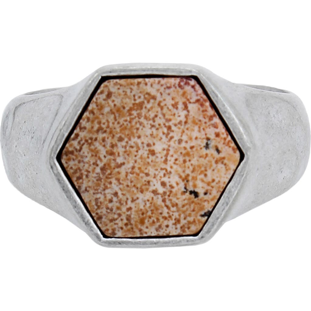 Allsaints Leopard Skin Jasper Stone Hexagon Signet Ring In Warm Silver