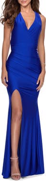 La Femme Sleek Prom Dress with Deep V-Neckline and Tie Back