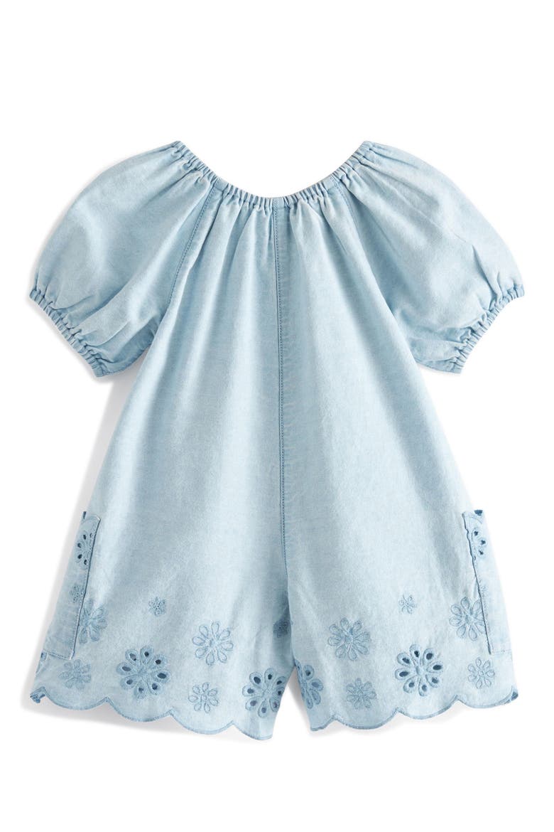 Kids' Eyelet Cotton Denim Romper, Alternate, color, BLUE DENIM