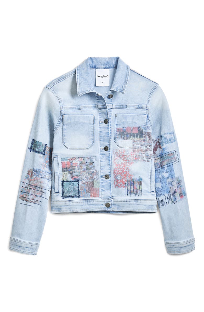 Desigual Patch Print Denim Trucker Jacket, Alternate, color, Medium Blue