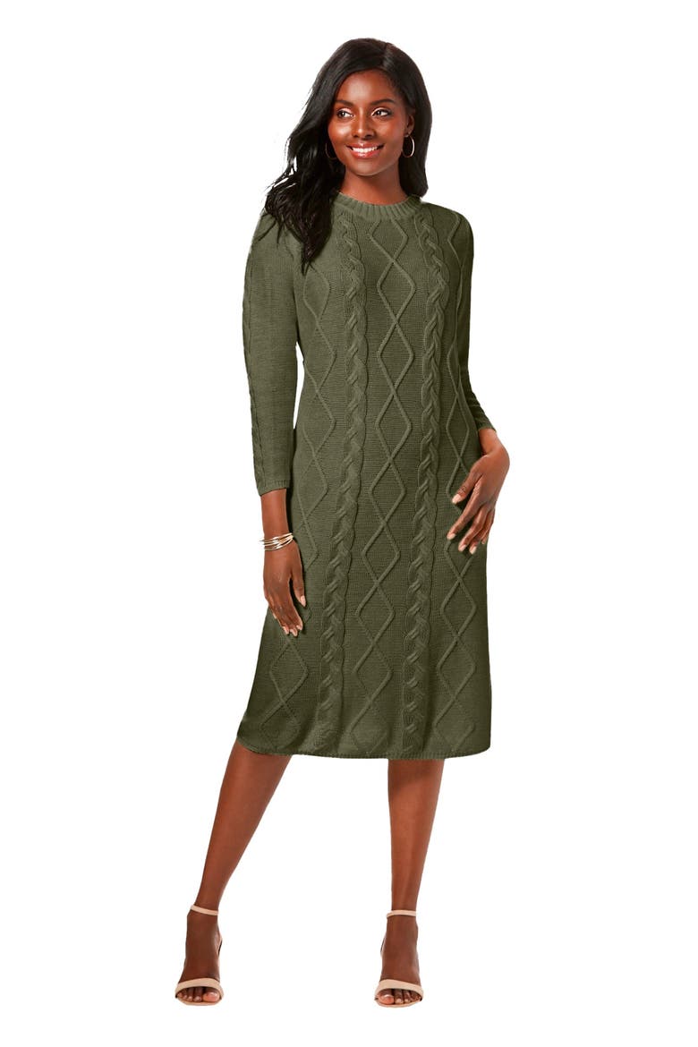 Cable Sweater Dress, Main, color, DARK OLIVE GREEN