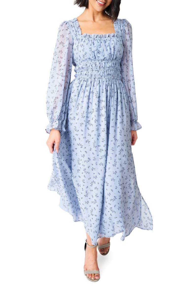Floral Print Shirred Long Sleeve Maxi Dress, Main, color, DENIM/NAVY FLRL