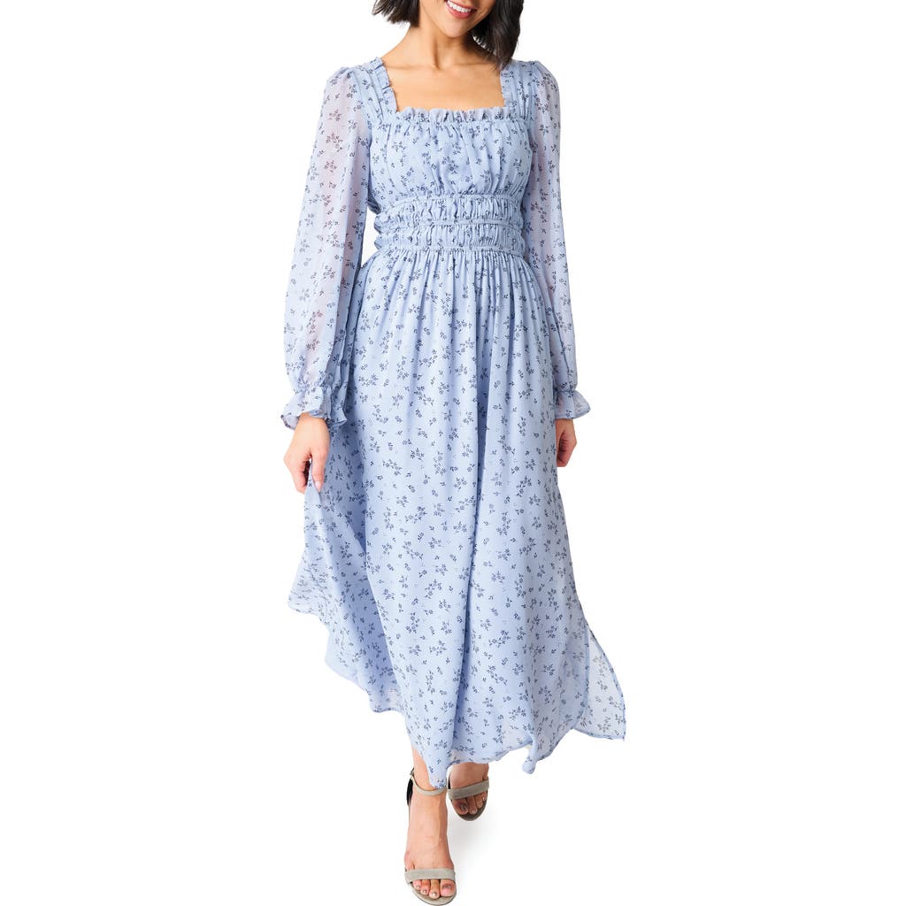 GIBSONLOOK Floral Print Shirred Long Sleeve Maxi Dress in Denim/navy Flrl at Nordstrom Rack, Size Small