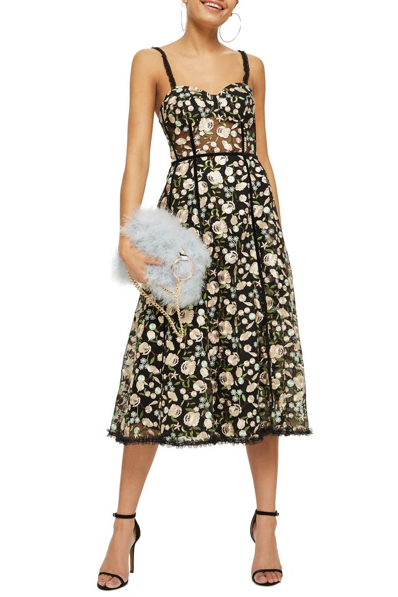 Floral Corset Midi Dress, Main, color, BLACK MULTI