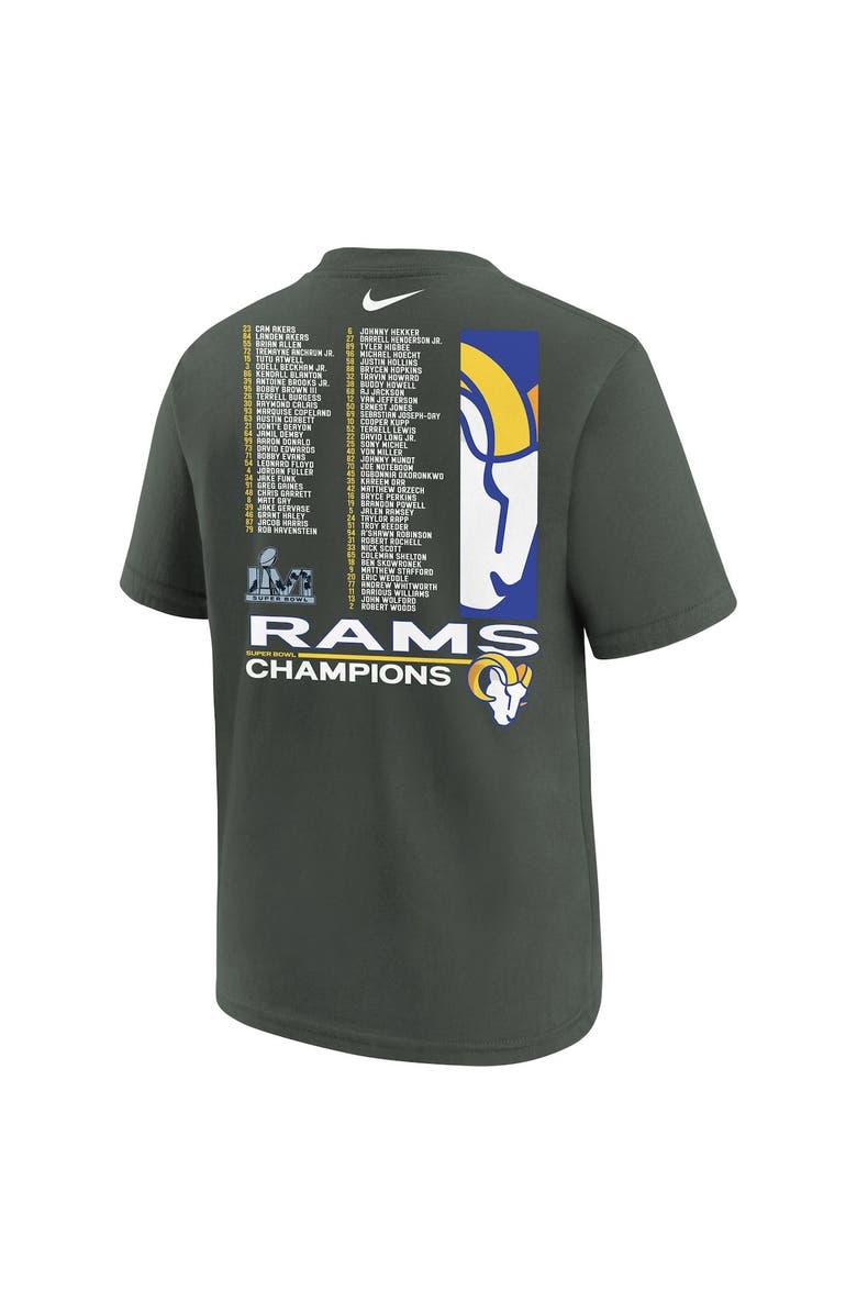 Nike Youth Nike Anthracite Los Angeles Rams Super Bowl LVI Champions Roster T-Shirt, Alternate, color, 
