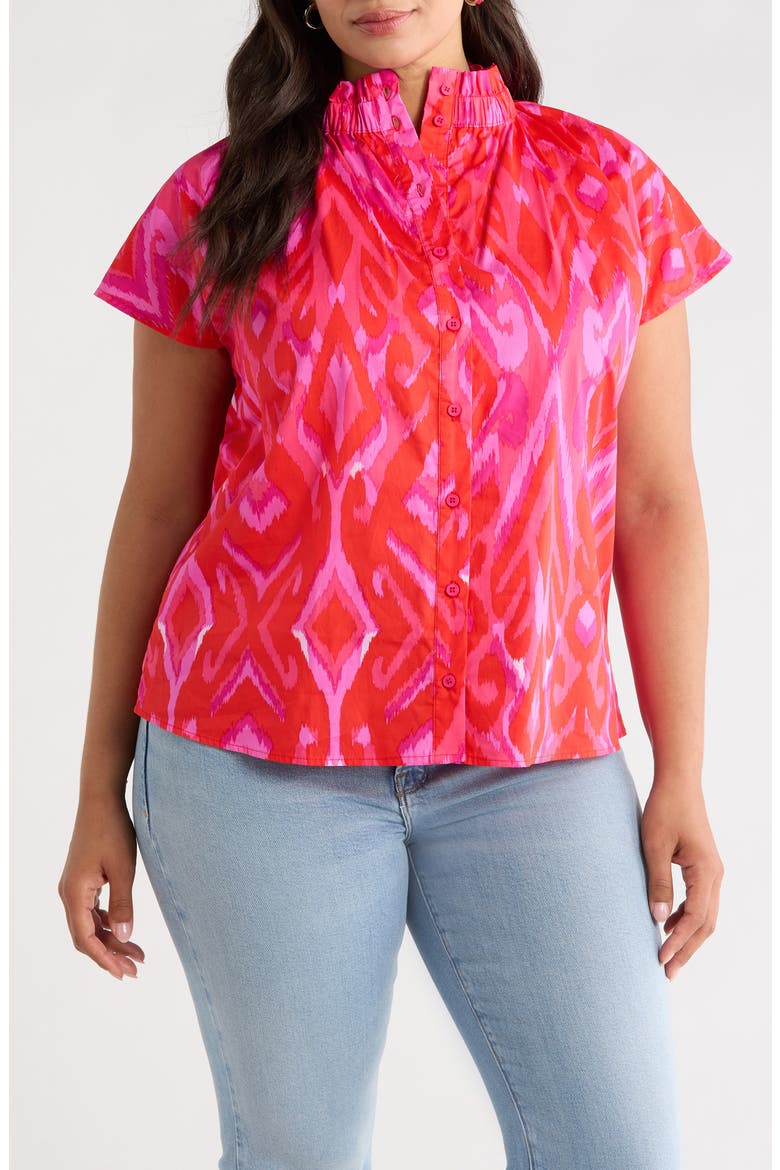 Blevin Ikat Patma Button-Up Mock Neck Top, Main, color, RED-PINK-COMBO