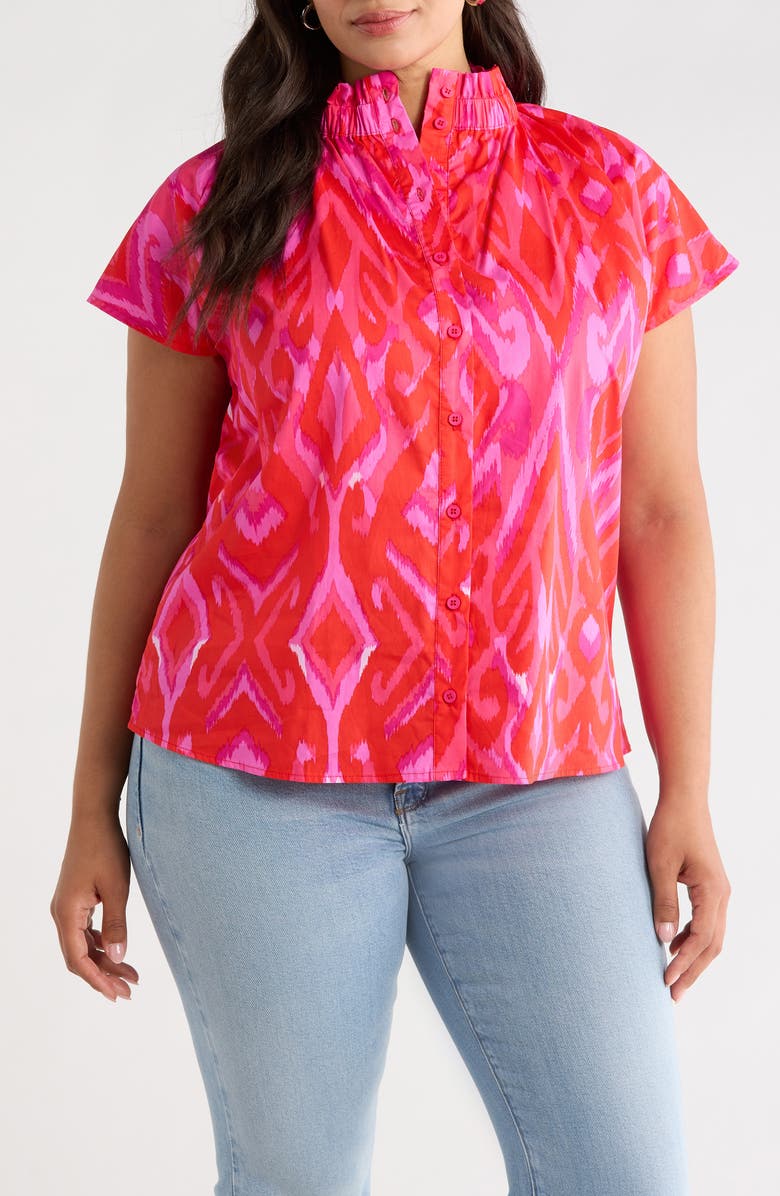 SUGARLIPS Blevin Ikat Patma Button-Up Mock Neck Top, Main, color, Red-Pink-Combo